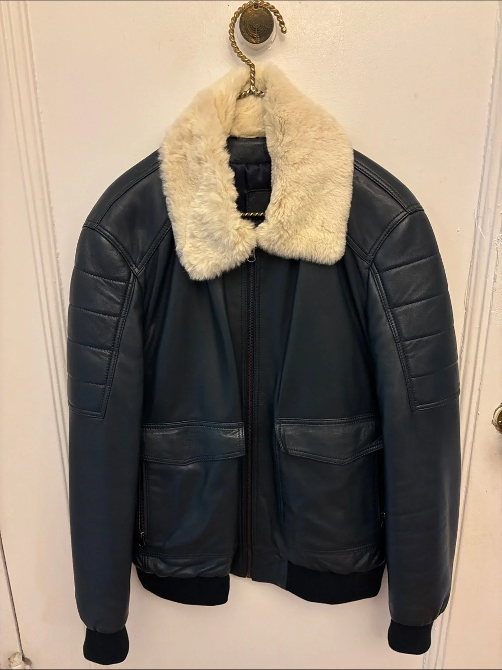 Men's Black Real Leather Bomber Jacket with Cream Real Big Shearling Collar